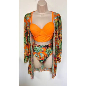Womens Multicolor 3 Piece Sets‎ Floral Swimsuit Push-Up Bikini Cover-Up Medium